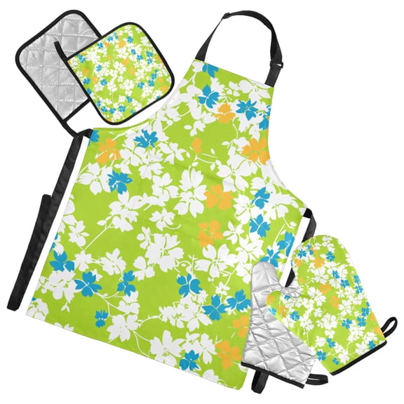 Bright Floral on Green Oven Mitts and Pot Holders with Chef Apron Set 5 Pcs Kitchen Cooking Set