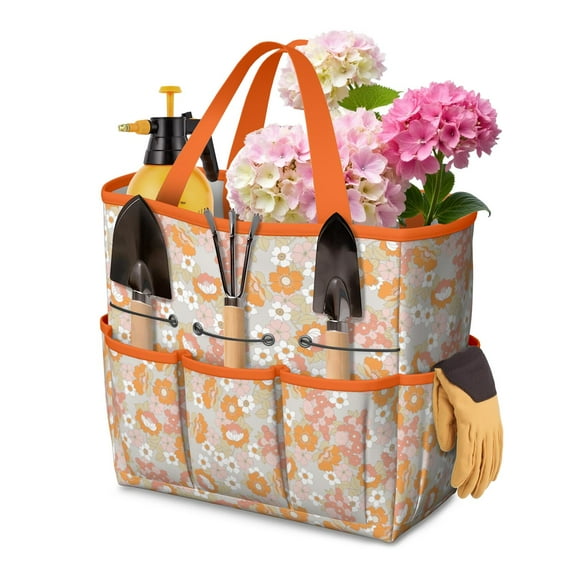Bright Flowers Garden Tools Bag, Water-proof Oxford Garden Tote Home Organizer Gardening Tool Bag Kit Holder with 8 Pockets for Indoor and Outdoor Gardening(Tools Not Included)