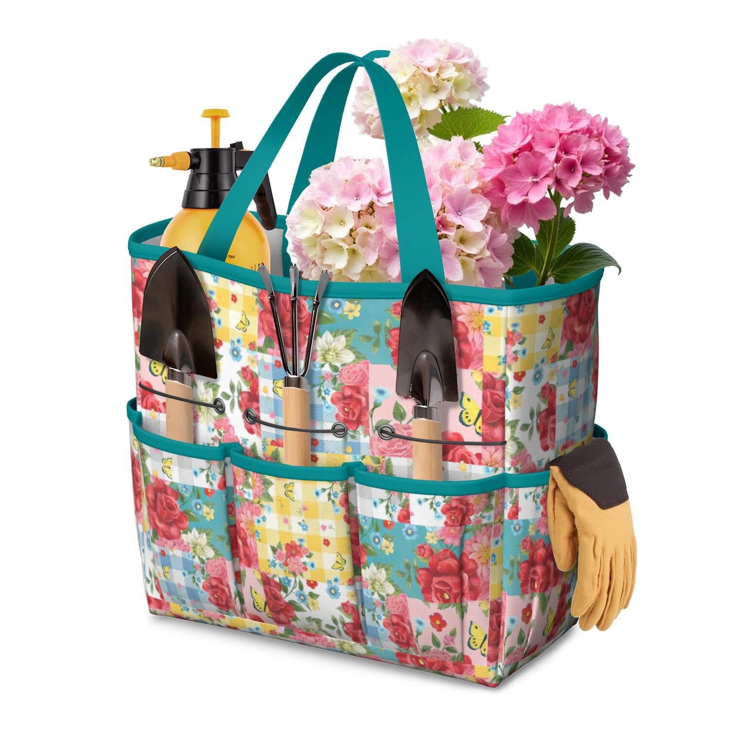 Bright Flowers Garden Tools Bag, Water-proof Oxford Garden Tote Home Organizer Gardening Tool Bag Kit Holder with 8 Pockets for Indoor and Outdoor Gardening(Tools Not Included)