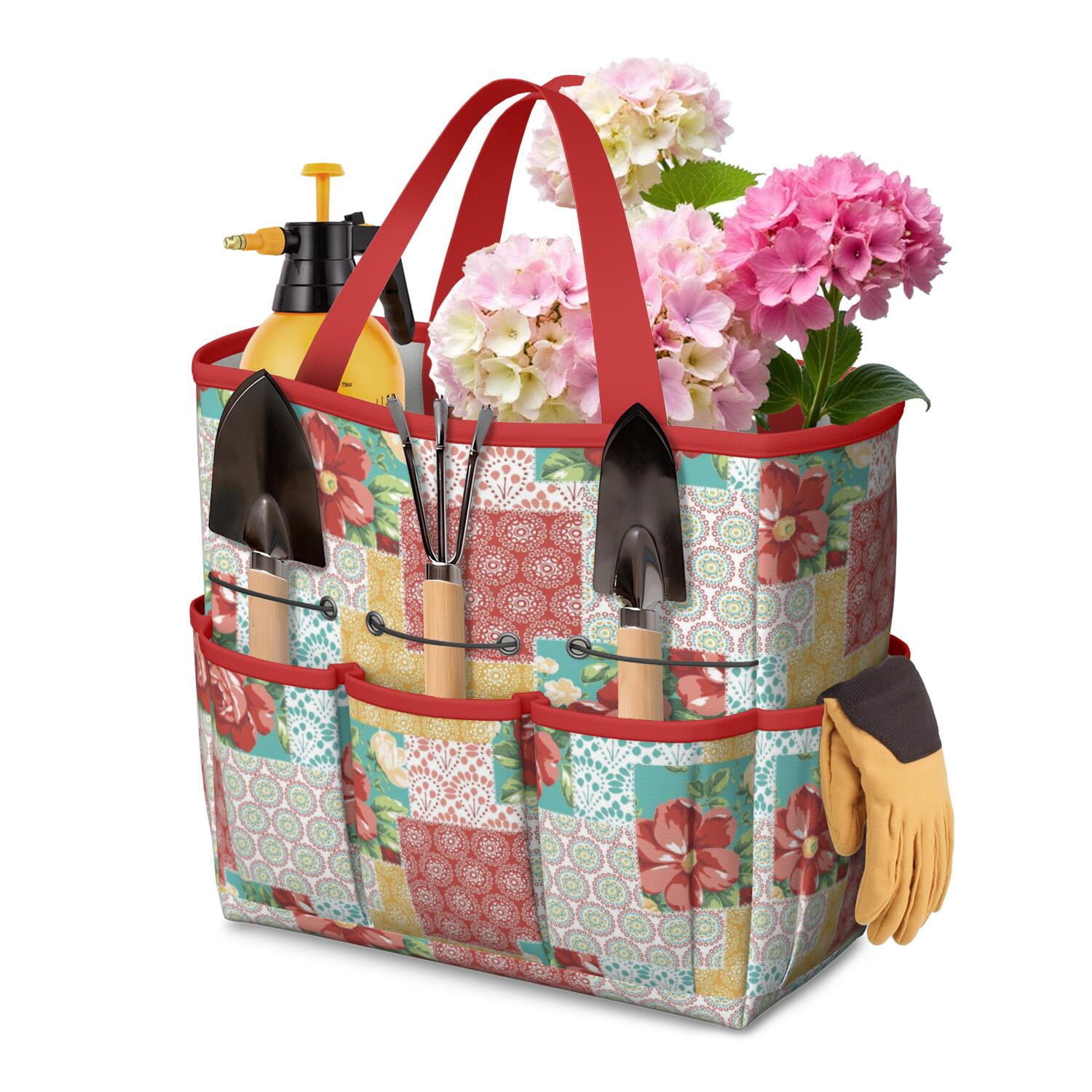 Bright Flowers Garden Tools Bag, Water-proof Oxford Garden Tote Home Organizer Gardening Tool Bag Kit Holder with 8 Pockets for Indoor and Outdoor Gardening(Tools Not Included)