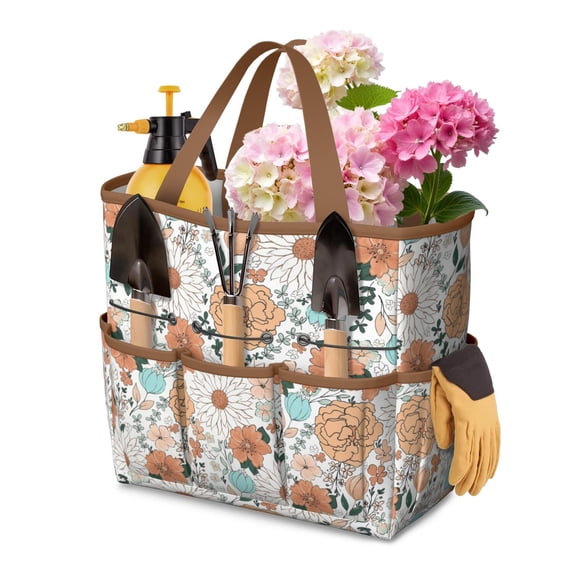 Bright Flowers Garden Tools Bag, Water-proof Oxford Garden Tote Home Organizer Gardening Tool Bag Kit Holder with 8 Pockets for Indoor and Outdoor Gardening(Tools Not Included)