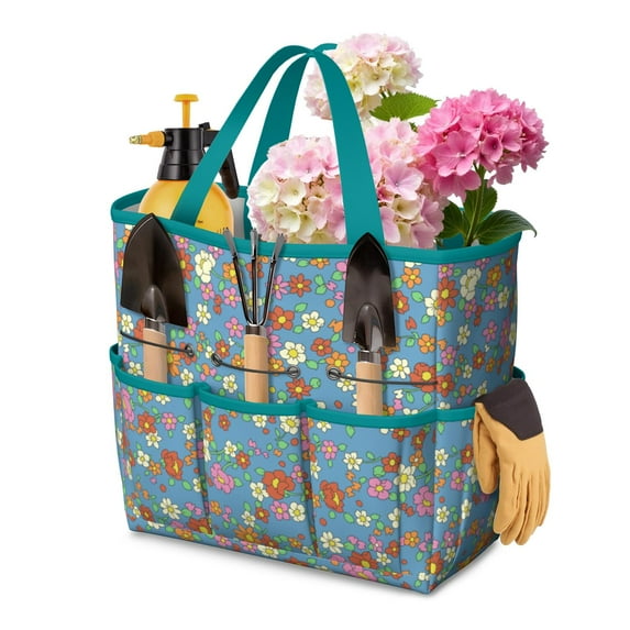 Bright Flowers Garden Tools Bag, Water-proof Oxford Garden Tote Home Organizer Gardening Tool Bag Kit Holder with 8 Pockets for Indoor and Outdoor Gardening(Tools Not Included)