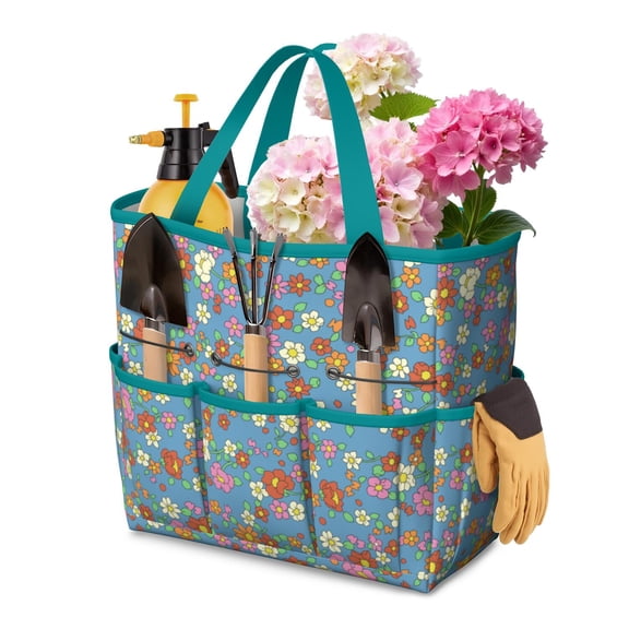 Bright Flowers Garden Tools Bag, Water-proof Oxford Garden Tote Home Organizer Gardening Tool Bag Kit Holder with 8 Pockets for Indoor and Outdoor Gardening(Tools Not Included)