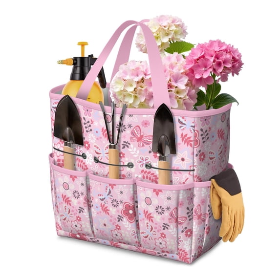Bright Flowers Garden Tools Bag, Water-proof Oxford Garden Tote Home Organizer Gardening Tool Bag Kit Holder with 8 Pockets for Indoor and Outdoor Gardening(Tools Not Included)