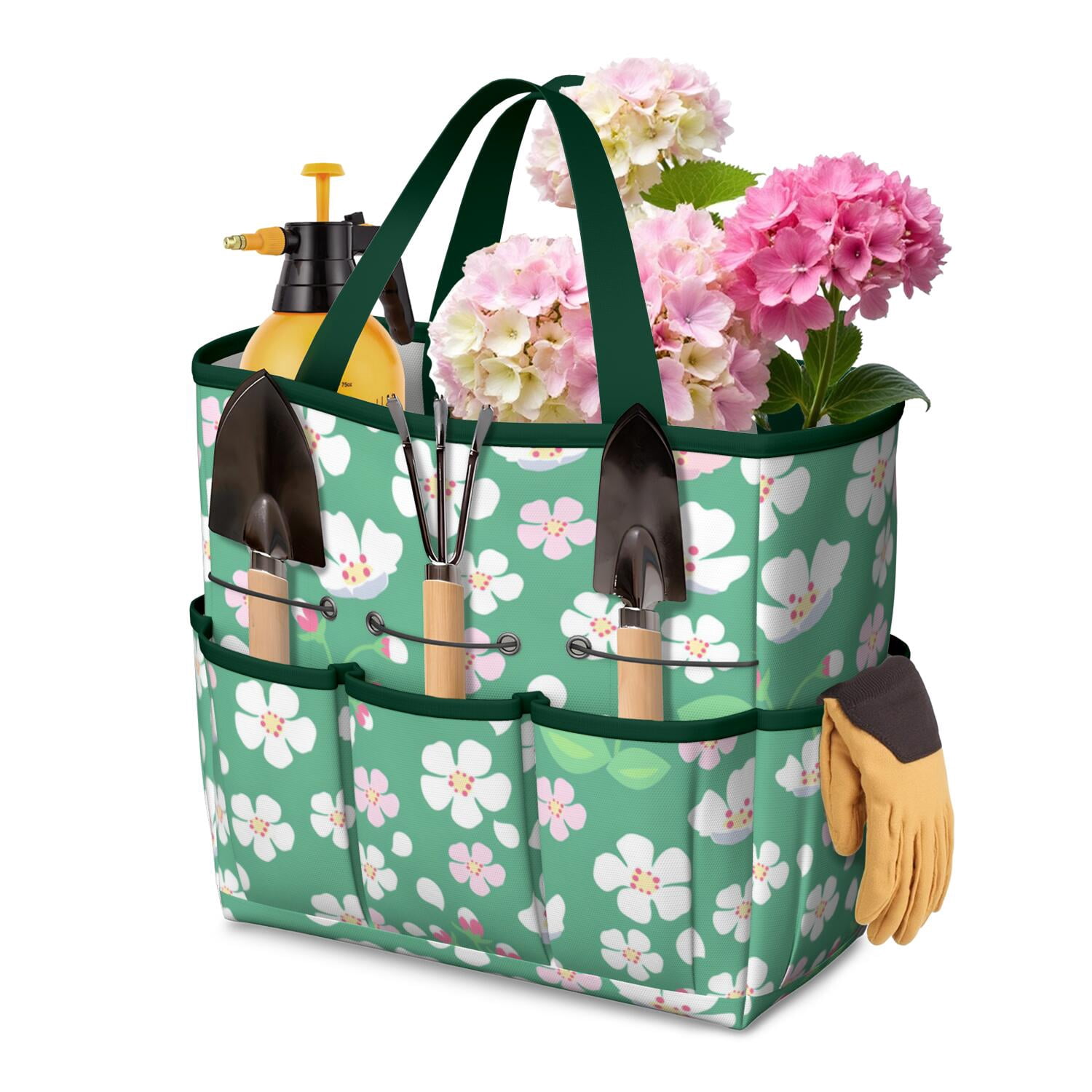Bright Flowers Garden Tools Bag, Water-proof Oxford Garden Tote Home Organizer Gardening Tool Bag Kit Holder with 8 Pockets for Indoor and Outdoor Gardening(Tools Not Included)
