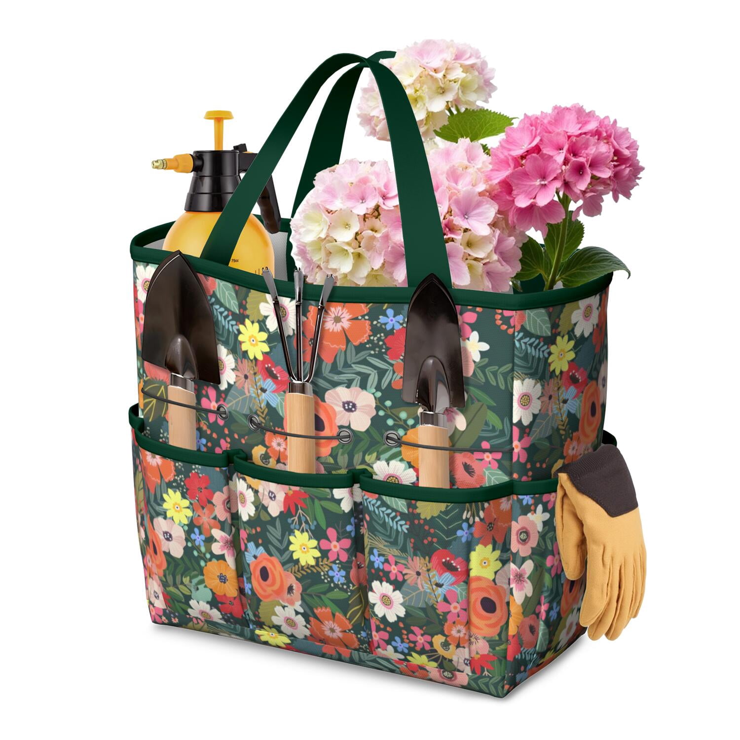 Bright Flowers Garden Tools Bag, Water-proof Oxford Garden Tote Home Organizer Gardening Tool Bag Kit Holder with 8 Pockets for Indoor and Outdoor Gardening(Tools Not Included)