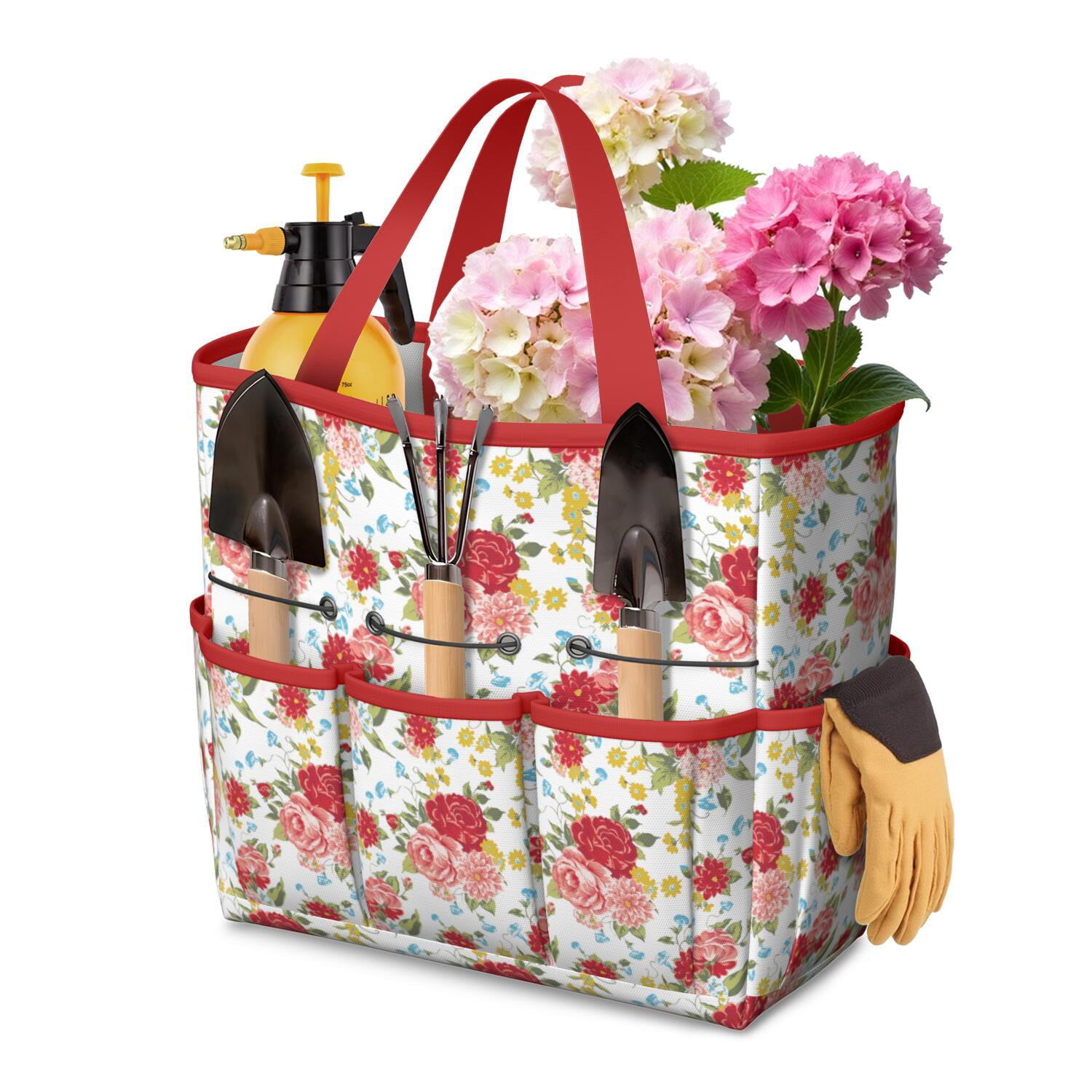Bright Flowers Garden Tools Bag, Water-proof Oxford Garden Tote Home Organizer Gardening Tool Bag Kit Holder with 8 Pockets for Indoor and Outdoor Gardening(Tools Not Included)