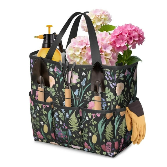 Bright Flowers Garden Tools Bag, Water-proof Oxford Garden Tote Home Organizer Gardening Tool Bag Kit Holder with 8 Pockets for Indoor and Outdoor Gardening(Tools Not Included)