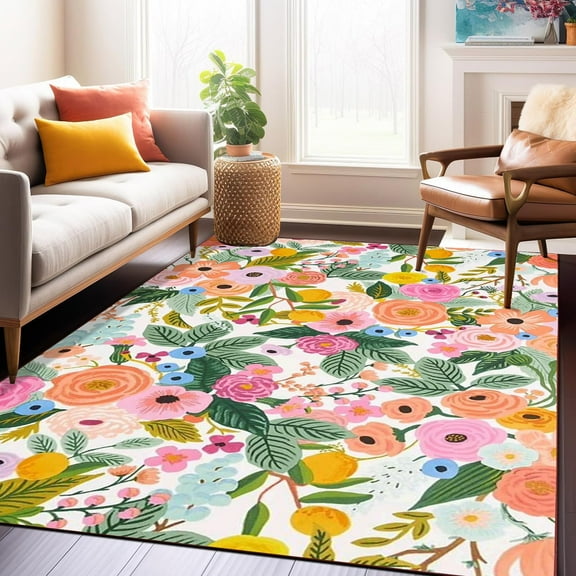Bright Flowers Pattern Printed Rug For Bedroom, Cute Area Rug Floral Plant Washable Rugs Non-Slip Soft Floor Mats For Entryway Laundry Living Room