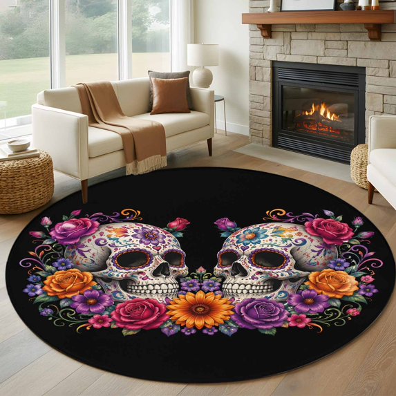 Bright Flowers Skull Round Area Rug 5ft, Vibrant Botanical Skeleton Black Washable Non-Slip Circle Rugs for Bedroom Living Room Kitchen, Soft Low Pile Carpet for Dining Room Playroom Nursery