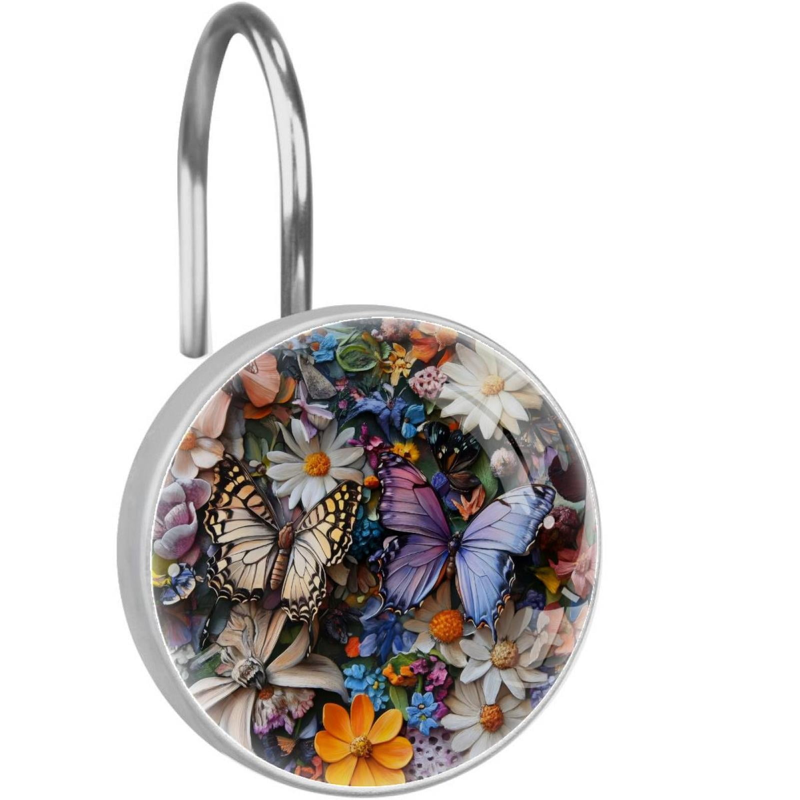 Bright Flowers and Butterfly Shower Curtain Hooks Round Crystal Glass, Set of 12 Shower Curtain Rings - Shower Hooks for Curtain Shower Rings