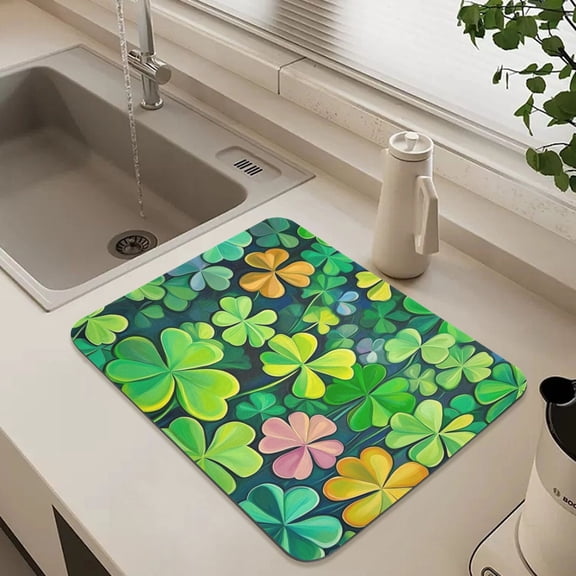 Bright Four Leaf Clover Dish Drying Mat for Kitchen Counter Absorbent Drainer Mats (15.7X11.8Inch)