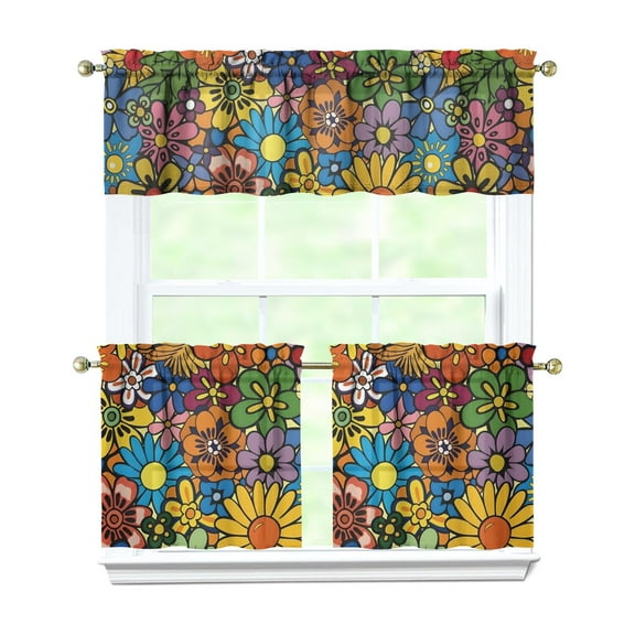Bright Garden Print Kitchen Curtains Set - 3 Piece Rod Pocket Tier Curtains