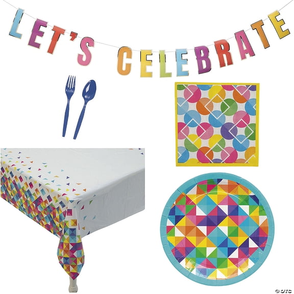 Bright Geometric Shapes Disposable Tableware Decorating Kit for 24 Guests - 108 Pieces