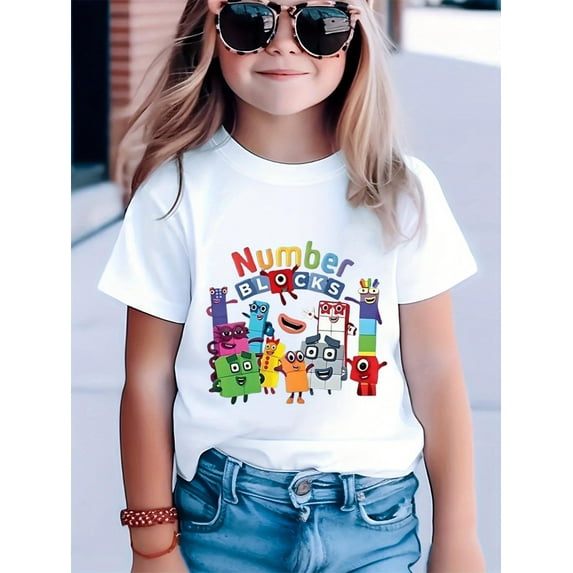 Bright Girls' Summer Knit T-Shirt - Colorful Number Blocks Cartoon Print, Soft Cotton, Round Neck, Short Sleeve, Casual & Comfy for Youngsters, Girls Tshirts