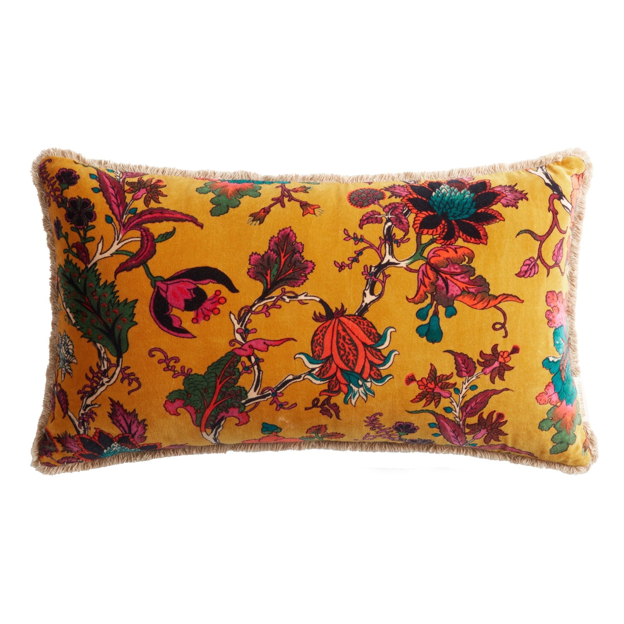 Bright Gold Velvet Floral Lumbar Pillow with Fringe Trim