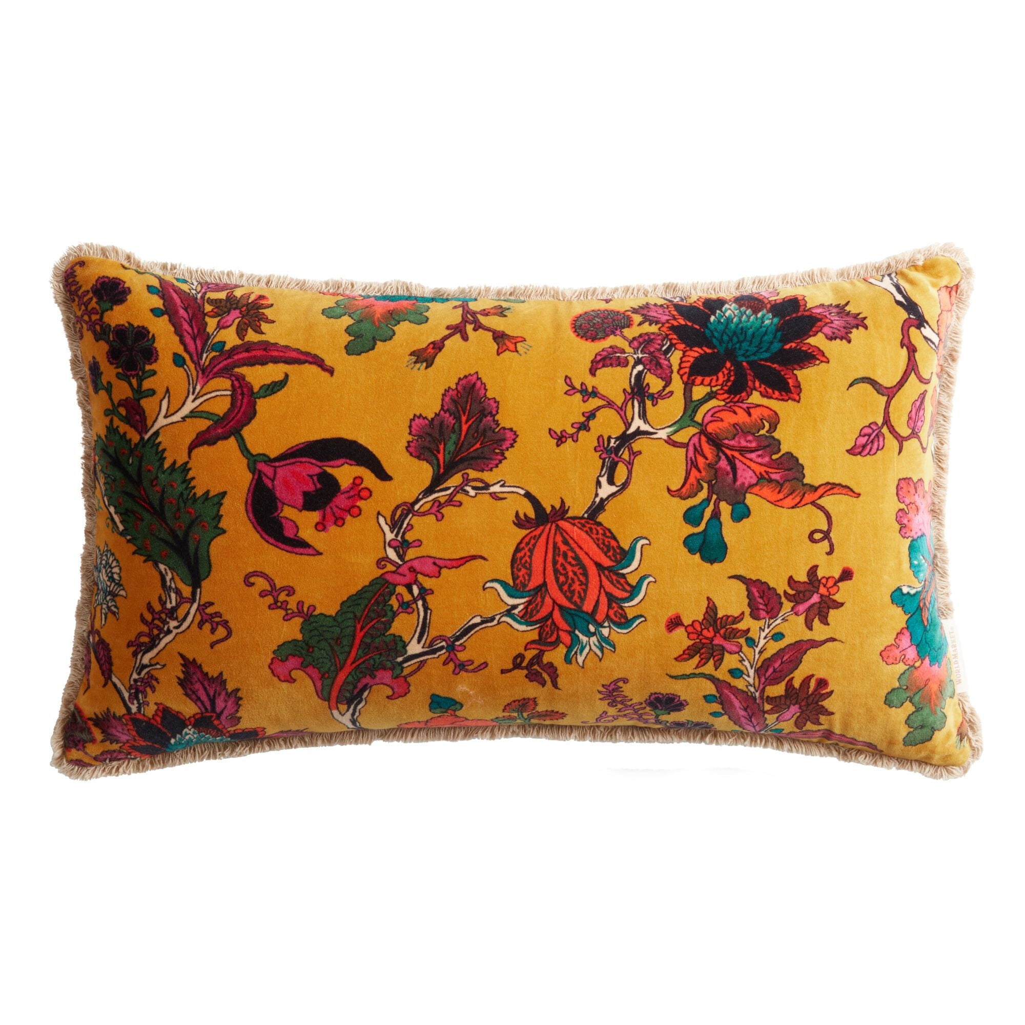 Bright Gold Velvet Floral Lumbar Pillow with Fringe Trim