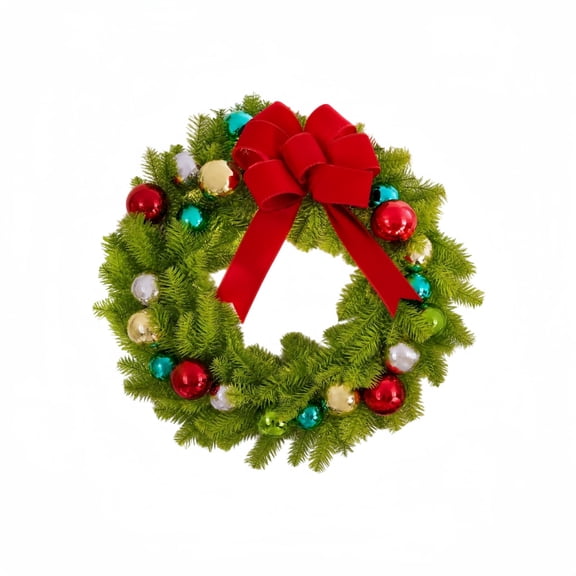 Bright Green Christmas Wreath, Artificial Pine Whimsical Wreath with Ornament Balls & Red Bow, for Front Door Wall Window Indoor Outdoor Holiday Decor