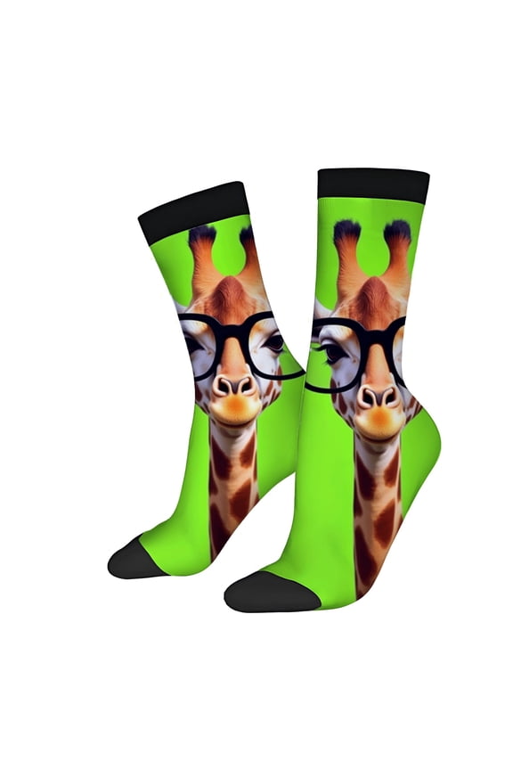 Bright Green Giraffe Design Socks with Glasses - 2 Pairs of Trendy Unisex Mixed Color Socks for All Seasons