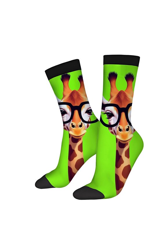 Bright Green Giraffe Socks with Glasses - 2 Pairs of Trendy Unisex Mixed Color Socks for All Seasons - Fun & Cheerful Design