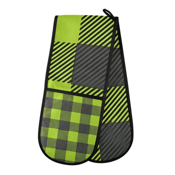 Bright Green Grid Pattern Double Oven Mitt 200C Quilted Cotton Lined Kitchen Pot Holder 35x7in