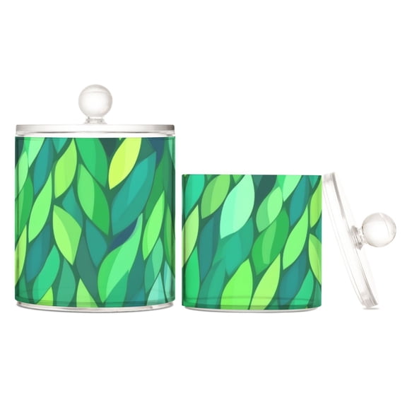 Bright Green Leaves Translucent Plastic Cotton Swabs Canisters Large Medium Set