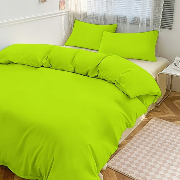 Bright Green Lime Neon Color 3 Pcs Soft Bedding Set, Includes 1 Duvet Cover with Zipper And 2 Pillow Shams Bright Green Lime Neon Color 86"x70"