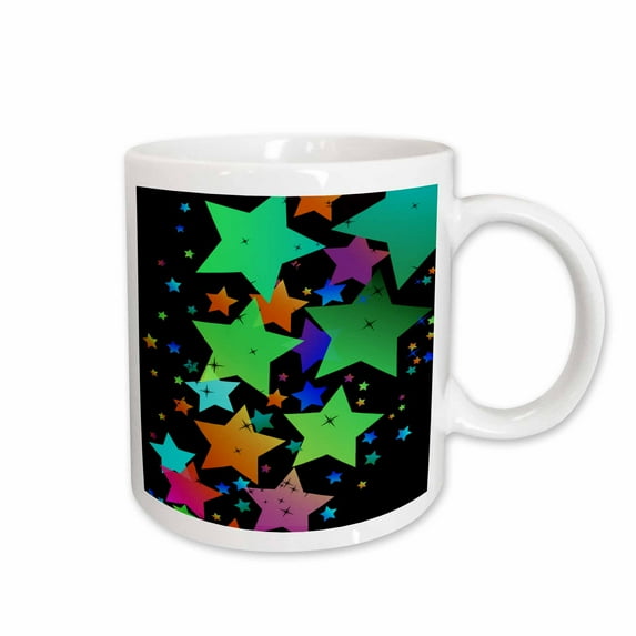 3drose, Bright Green, Orange, Blue, and Pink Falling Stars in Various Sizes Against a Black Background, 11oz Mug
