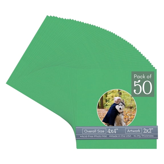 Bright Green Picture Frame Mat for 4x4 Inch Frames - Circle Opening for 2x2 Photos - 50 Mats