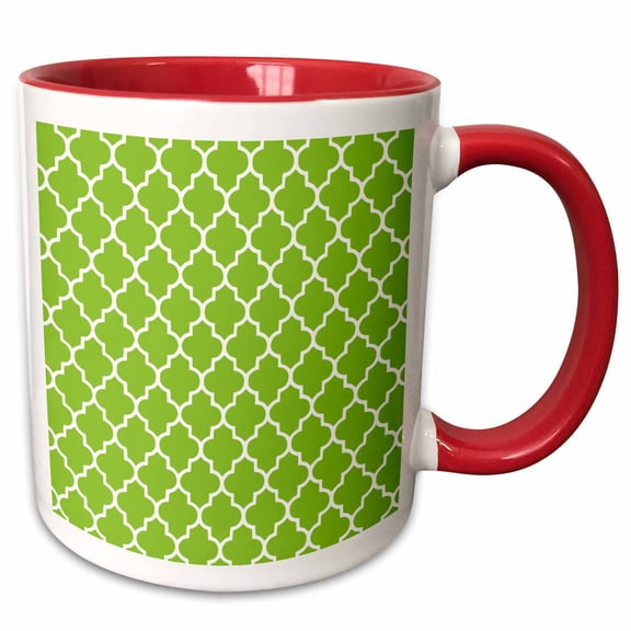 3drose, Bright Green Quatrefoil Pattern Lime Moroccan Tiles Retro Islamic Art White Geometric Clover Lattice, 11oz Two-tone Red Mug