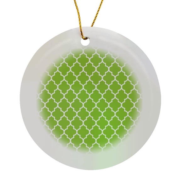 3drose, Bright Green Quatrefoil Pattern Lime Moroccan Tiles Retro Islamic Art White Geometric Clover Lattice, Circle Porcelain Ornament