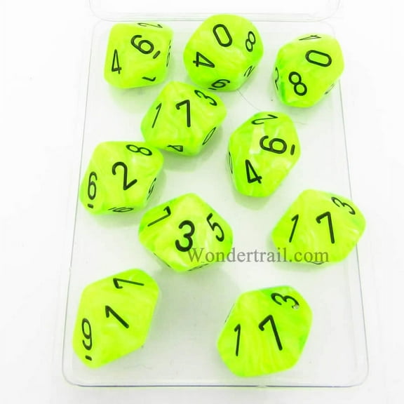 Bright Green Vortex Dice with Black Numbers D10 16mm (5/8in) Pack of 10 Dice Chessex