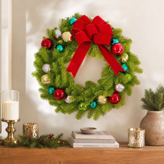 Bright Green Whimsical Christmas Wreath, Decorative Ornament Balls With Large Red Velvet Bow, Festive Holiday Wreath For Front Door Wall Mantel Indoor Seasonal Home Decoration
