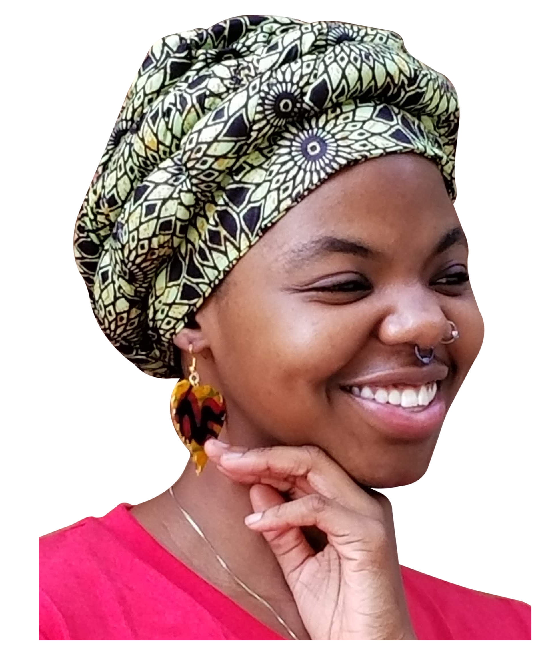 Bright Green And Brown African Print Modu Hat Pre Tied Head Wrap 1291