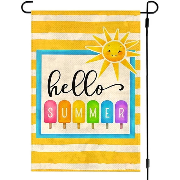 Bright Hello Summer Popsicle Garden Flag 12x18 Inch Double Sided Yellow Striped Polyester Outdoor Sunshine Decor for Yard, Patio, Poolside, Beach Parties