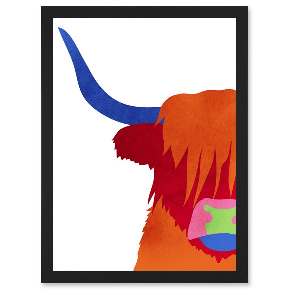 Bright Highland Scottish Cow Bull Coo Colourful Artwork Framed Wall Art Print A4