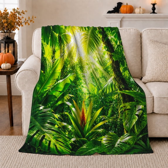 Bright Jungle Foliage with Sun Rays and Bromeliad Leaves, Botanical Rainforest Art for Plant Lovers, Birthday Gift, Cozy Flannel Blanket for Bedroom, Fresh Home Decor