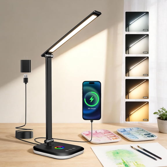 Bright LED Desk Lamp for Office Home, 10%-100% Dimmable Brightness & 5 Color, 800 Lumen Puzzle Light, Eye Caring Desk Light for Reading, Craft, Puzzl, Daily Use | USB desk lamp | 45 Min Timer | RGB