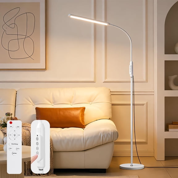 Bright LED Eye-Protecting Reading Floor Lamps with Touch and Remote Dimming 3000-6000k for Eyelash Manicure Craft Drawing Makeup Living Room Bedroom Office, Adjustable Gooseneck Modern Standing Light