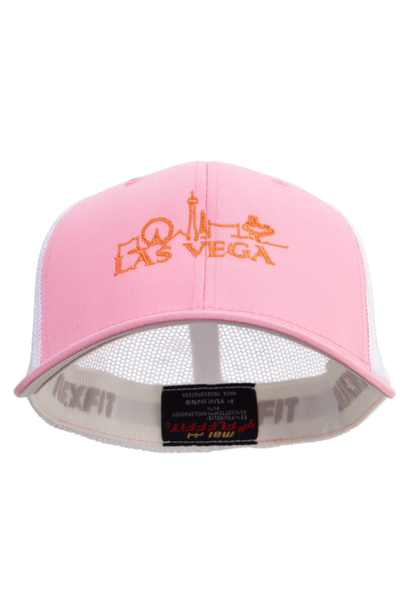 Bright Las Vegas Skyline Embroidered Flexfit Mesh Cotton Twill Trucker 2 Tone Cap - Pink White OSFM