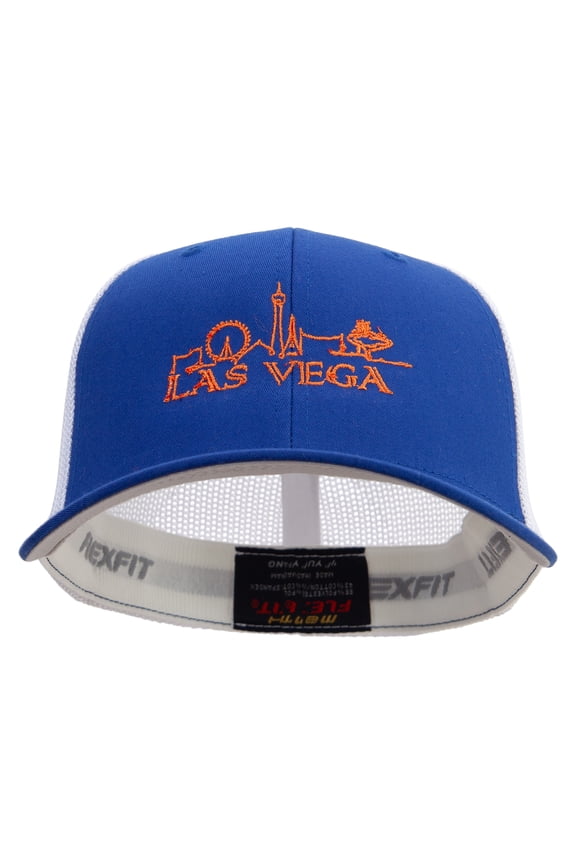 Bright Las Vegas Skyline Embroidered Flexfit Mesh Cotton Twill Trucker 2 Tone Cap - Royal White OSFM