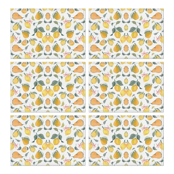Bright Lemon Fruit Placemats, Set of 6, Wrinkle Free Heat Resistant Linen Table Mats, Cute Yellow Citrus and Flower Print for Summer Dining or Lemon Themed Events