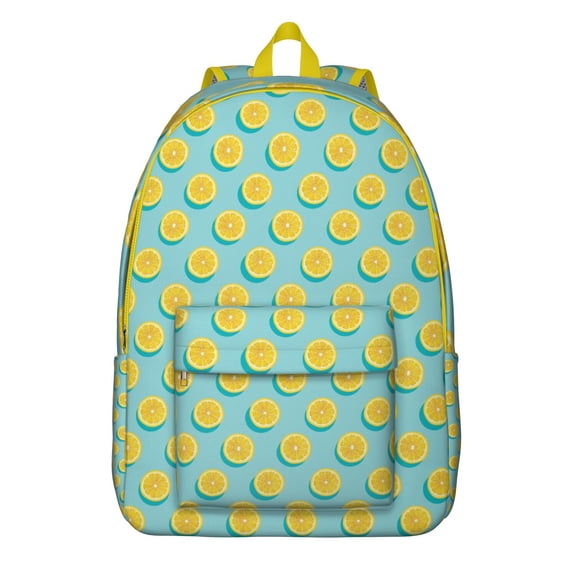 Bright Lemon Fruit Print School Backpack, Summer Citrus Design Daypack with Cute Yellow Pattern and Fresh Floral Style