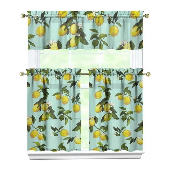 Bright Lemon Kitchen Curtains Set, Modern Yellow Fruit Print Tier and Valance with I Love Lemons Retro Vintage Floral Pattern, Fresh Summer Drapes for Kitchen or Office