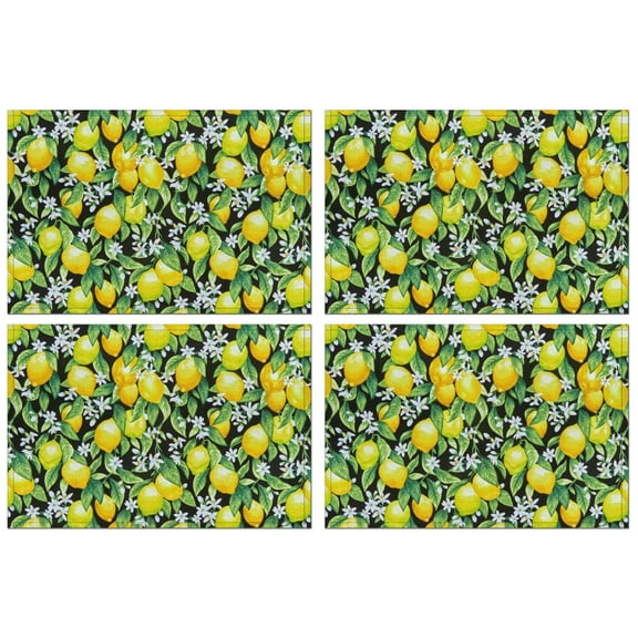 Bright Lemon Placemats, Set of 4, Flax Machine Washable Durable Linen Table Mats, Heat Resistant Wrinkle Free Place Mats for Dining Table, Tropical Summer Fruit Theme Perfect for Retro Dining Tables