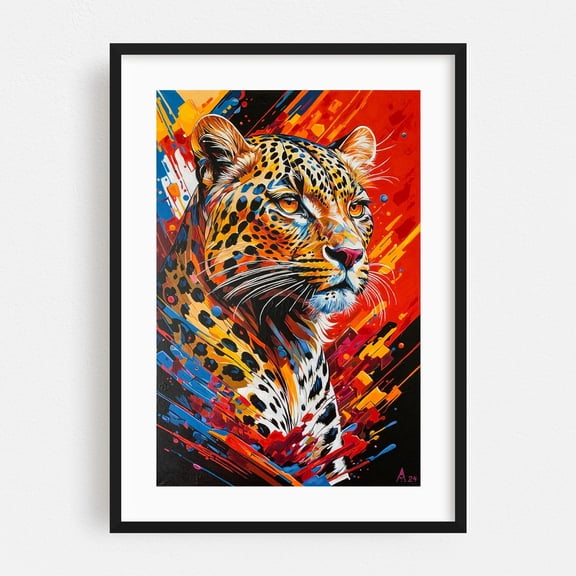 Bright Leopard - Painting Wildlife Animal Modern Art Abstract Pop Art Tiger Black Framed Wall Art Print 24 x 36 inches