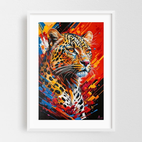Bright Leopard - Painting Wildlife Animal Modern Art Abstract Pop Art Tiger White Framed Wall Art Print 24 x 36 inches