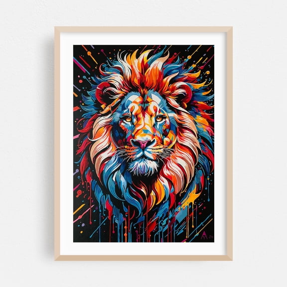 Bright Lion - Painting Wildlife Modern Art Abstract Animal Psychedelic Oak Framed Wall Art Print 18 x 24 inches