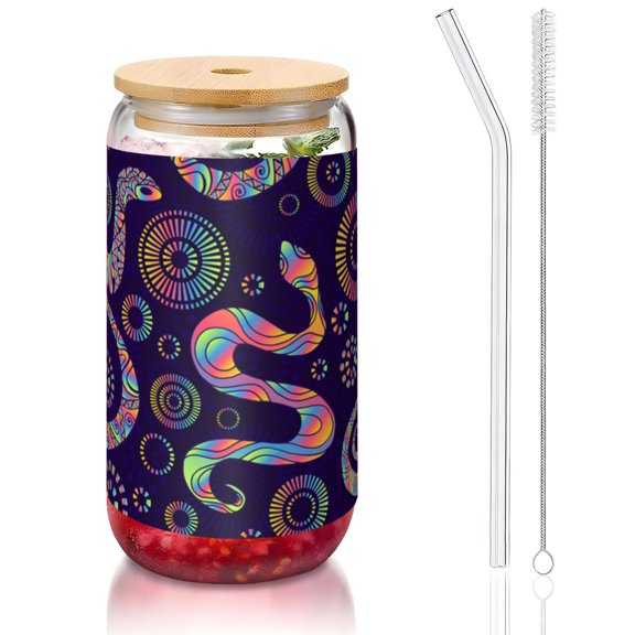 Bright Lizards And Snakes 16oz Can Shaped Glass Cup with Bamboo Lid Straw Brush, Reusable Iced Coffee Beer Can Glass Tumbler for Soda, Tea, Cocktails