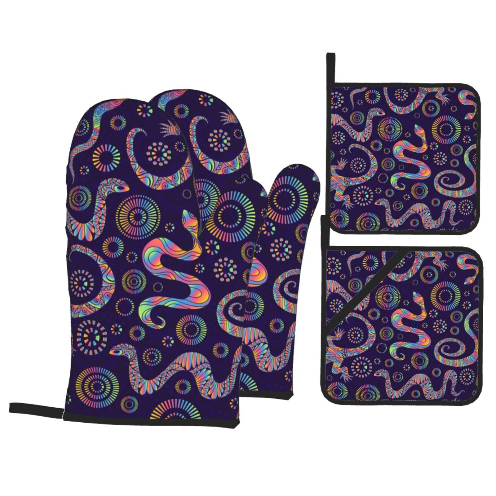 Bright Lizards And Snakes 4Pcs Oven Mitts and Pot Holders Sets Oven Kitchen Gloves Hot Pads for Cooking BBQ Baking Grilling